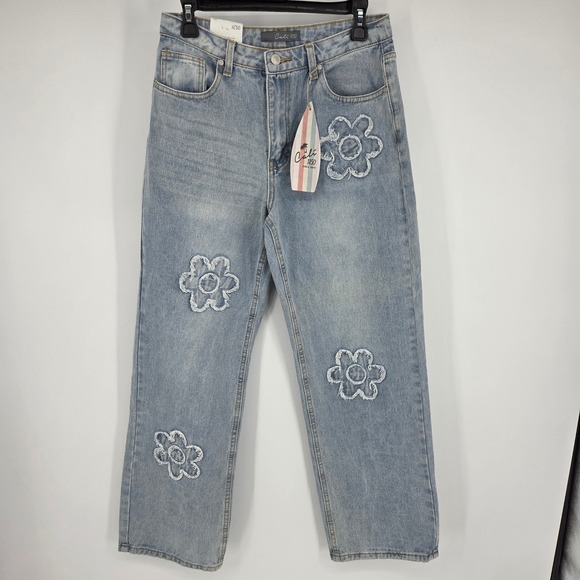 Cali 1850 Denim - Cali 1850 Womens Flower Patch Straight Leg Jeans Light Wash Blue Size 11/30 NEW